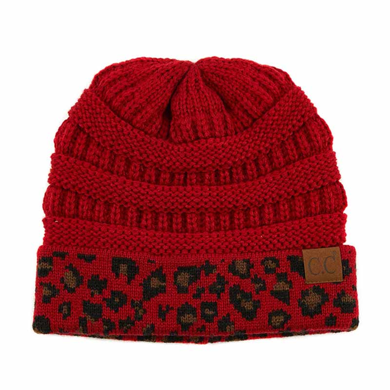 C.C Solid Color Beanie Hat with Leopard Pattern Cuff