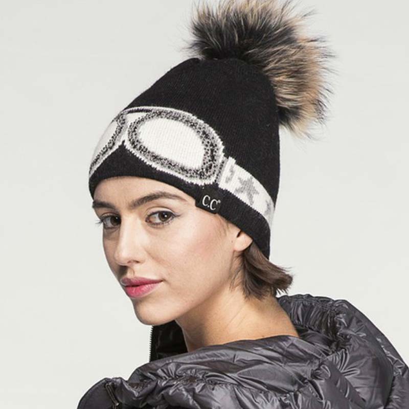 C.C Black Label Real Raccoon Fur Pom Goggles Stone Hat - Image 2