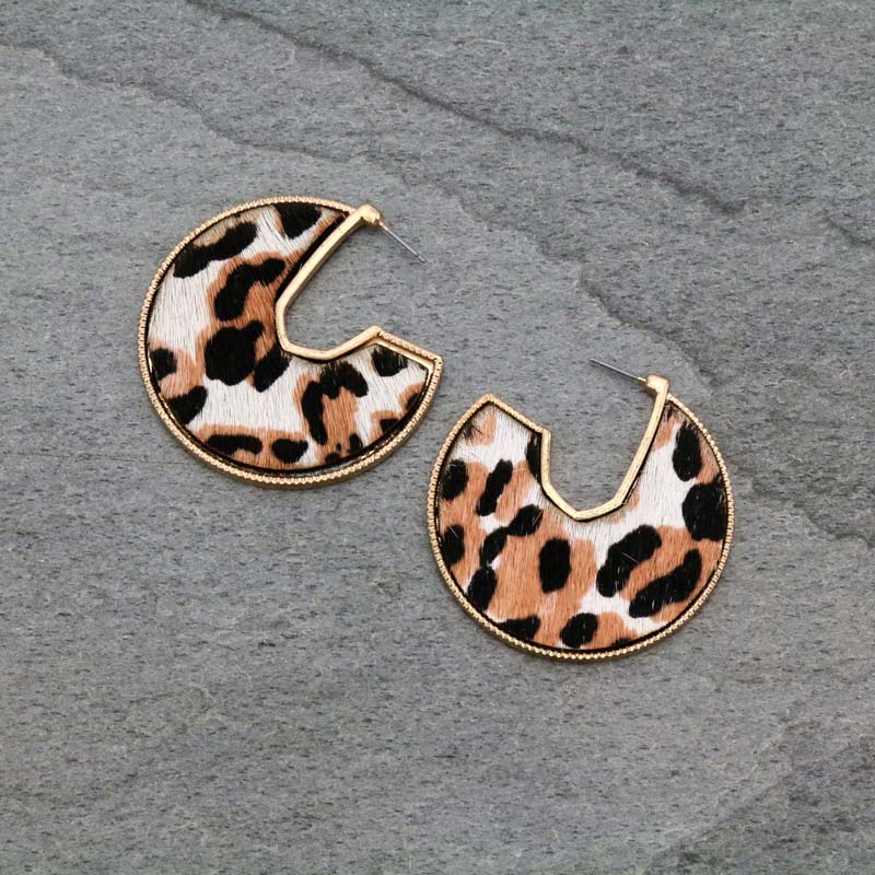 2" Teardrop Shape Calf Hair Leather with Hammered Metal Hoop Earrings