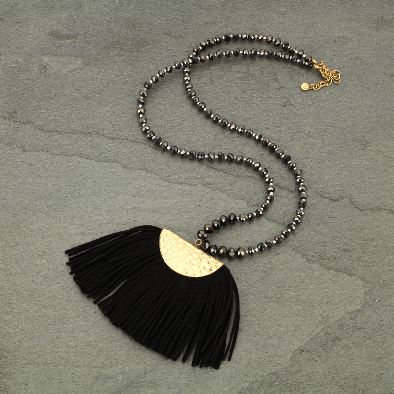 Suede Tassel With Glass Bead Necklace