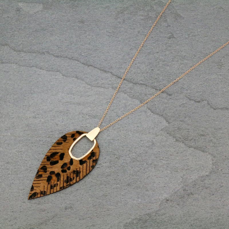32" Leaf Shape Calf Hair Leather Pendant Necklace