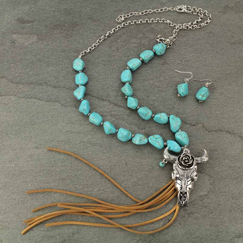 Steer Head Turquoise Nugget Tassel Necklace Set - Image 3
