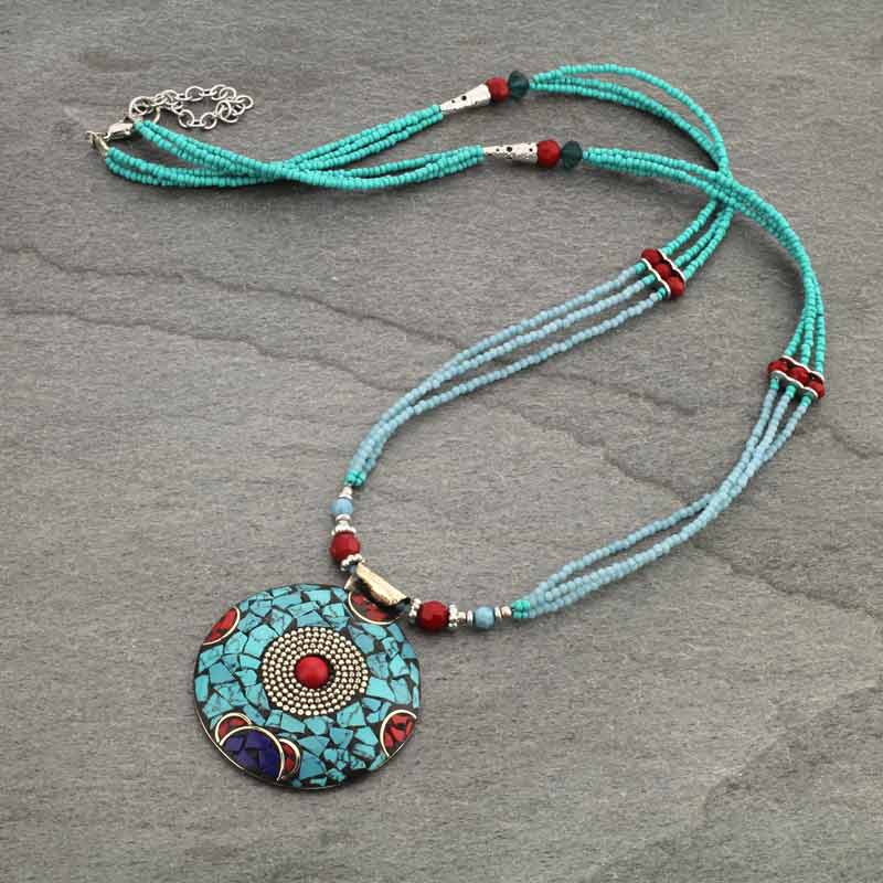 Western Round Mosaic Stone with Bead Necklace