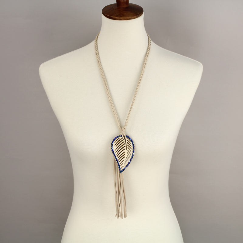 Leaf Boho Suede Tassel 27" Wood Necklace - Image 2