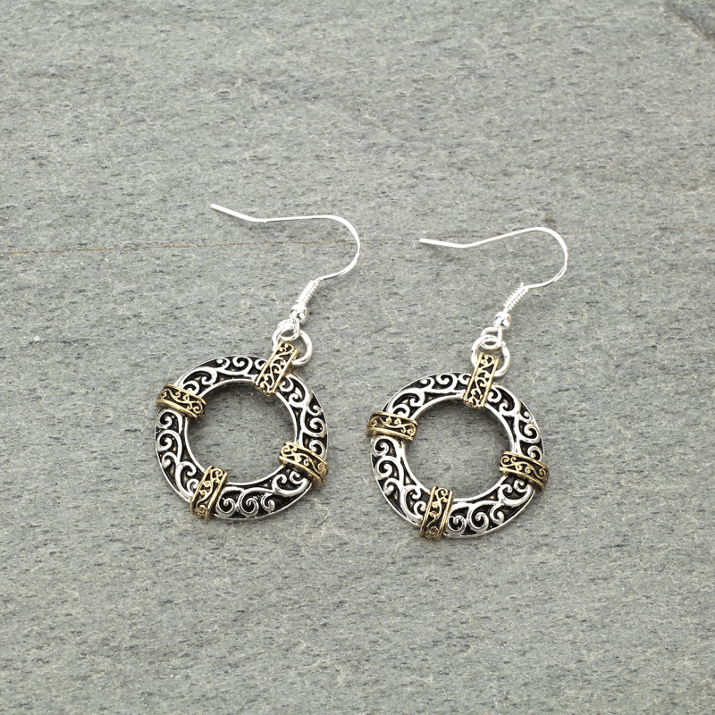Filigree Textured Circle Hoop Fish Hook Earrings
