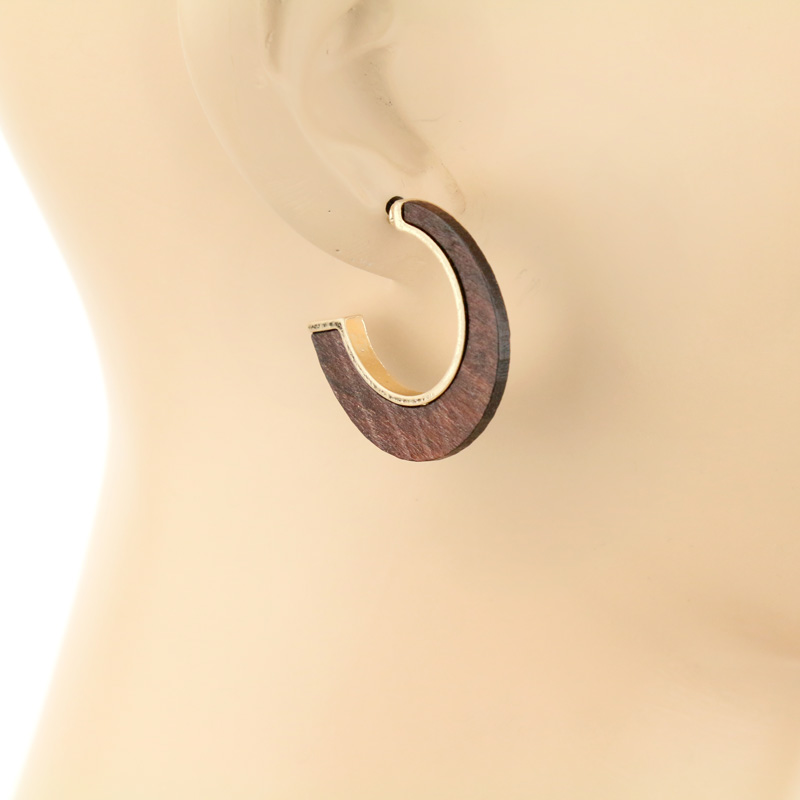 1.5" Half Moon Shape Wood Hoop Earrings - Image 2