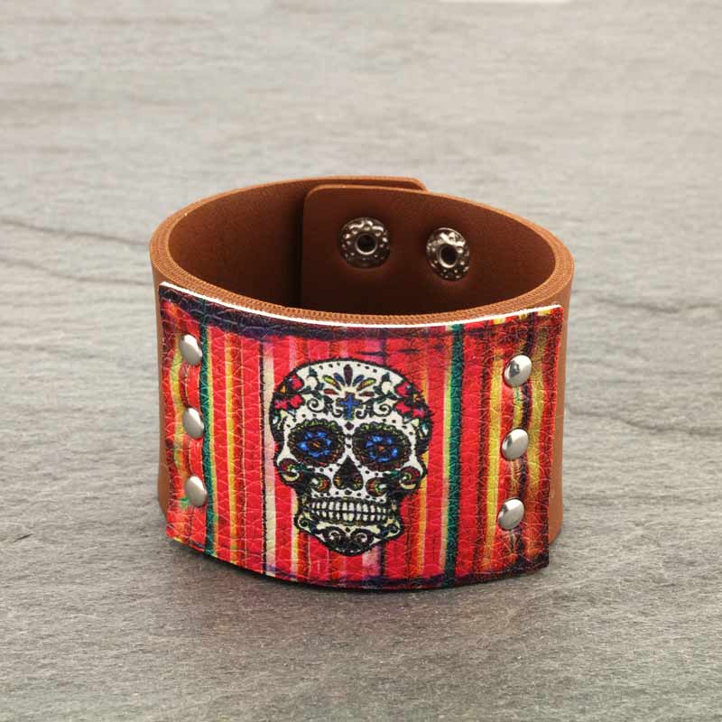 Western Sugar Skull Print Button Leather Bracelet