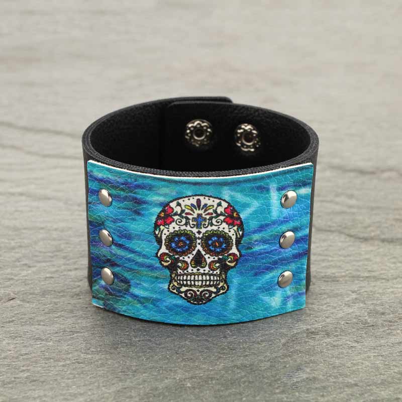 Western Sugar Skull Print Button Leather Bracelet - Image 2