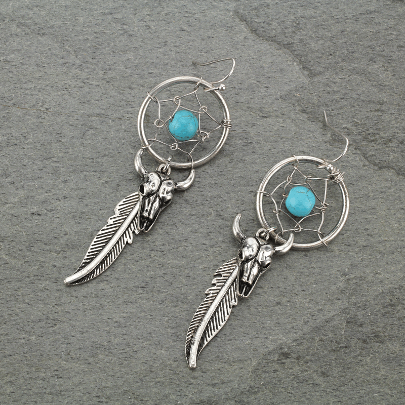 Dreamcatcher Steer Head Fish Hook Earrings