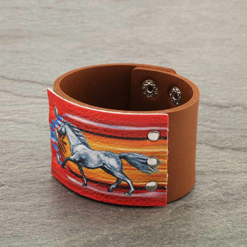 Western Horse Print Button Leather Bracelet - Image 4