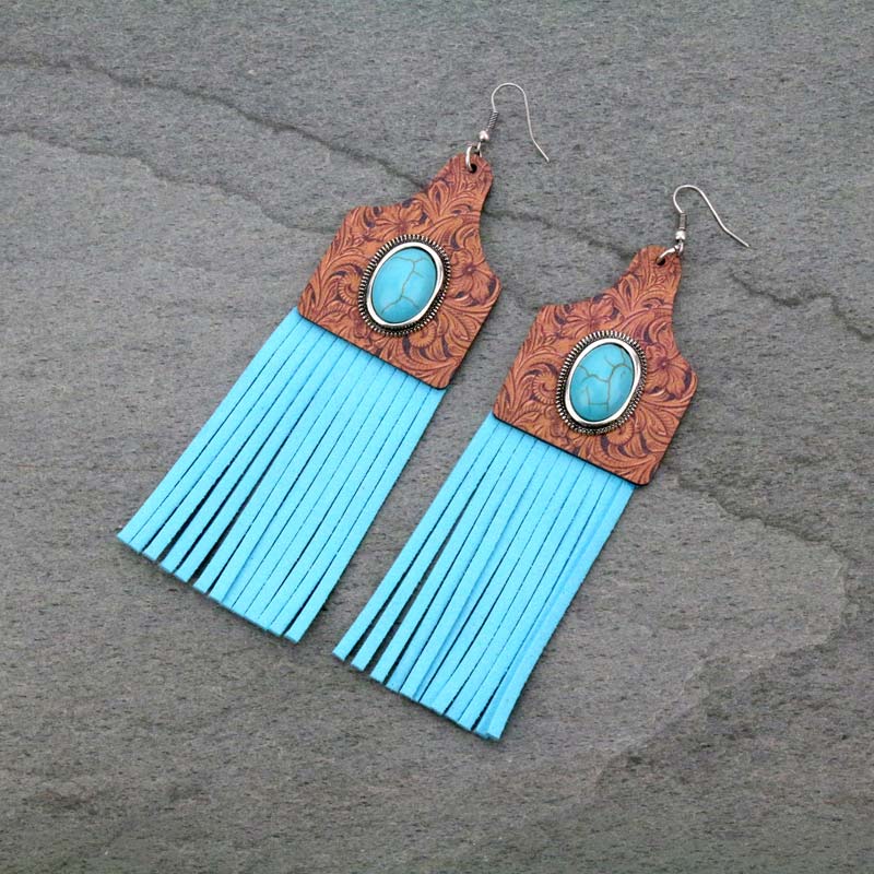 Western Design Cattle Tag with Tassel Fish Hook Earrings
