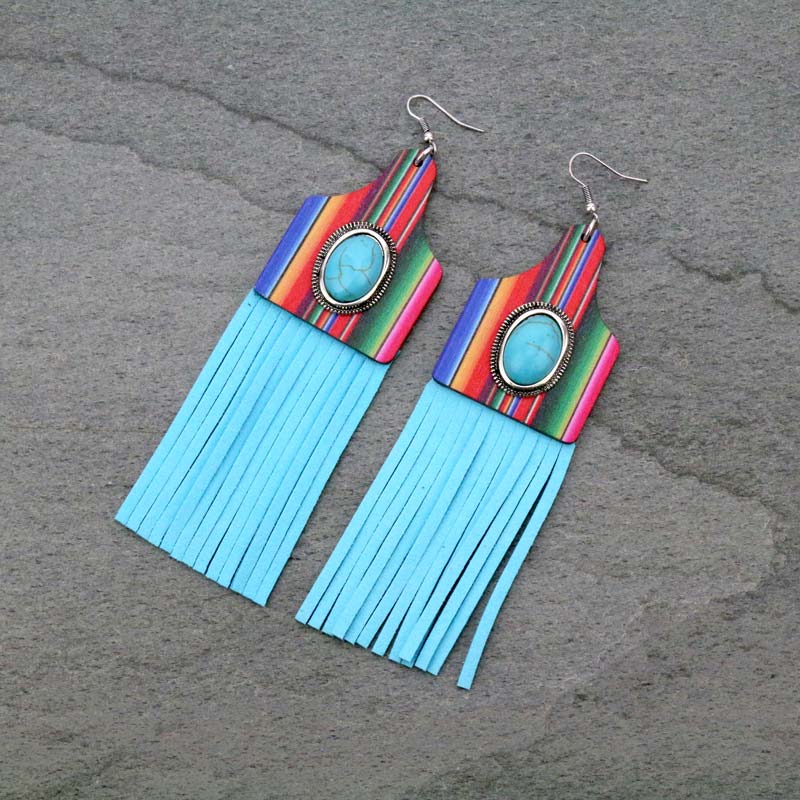 Serape Cattle Tag with Tassel Fish Hook Earrings