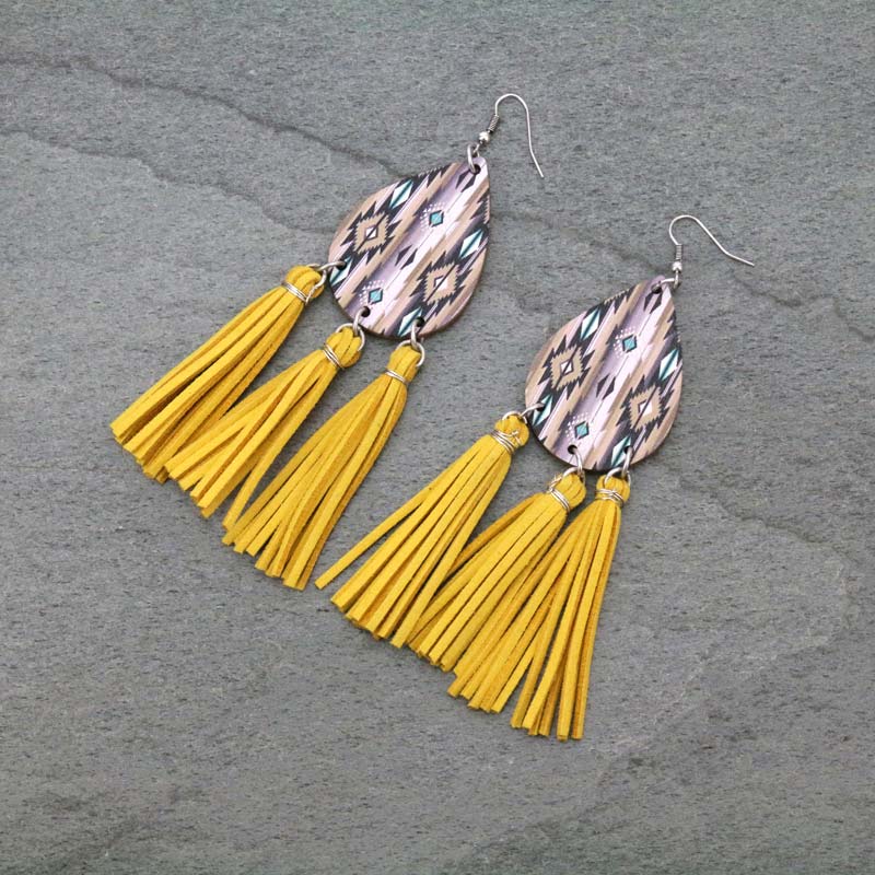 Navajo Style Design Teardrop Tassel Fish Hook Earrings