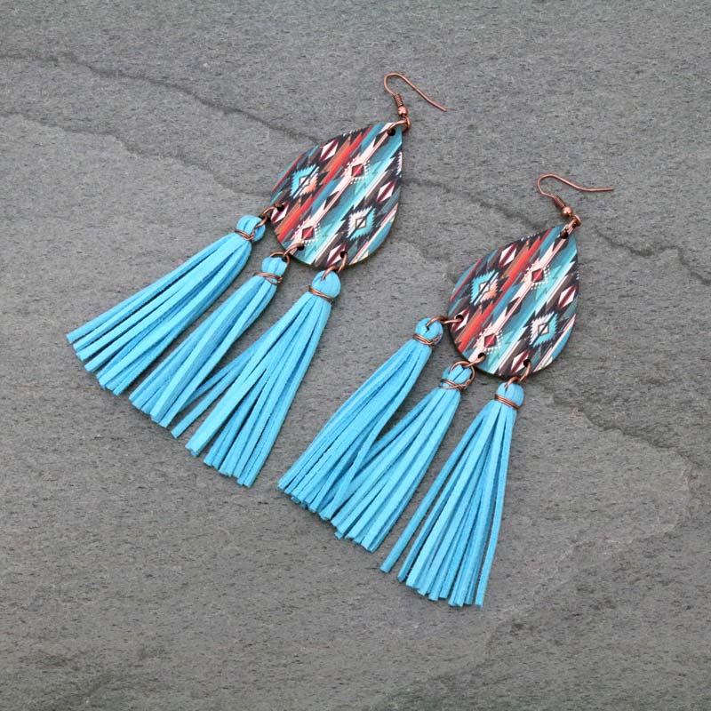 Navajo Style Design Teardrop Tassel Fish Hook Earrings