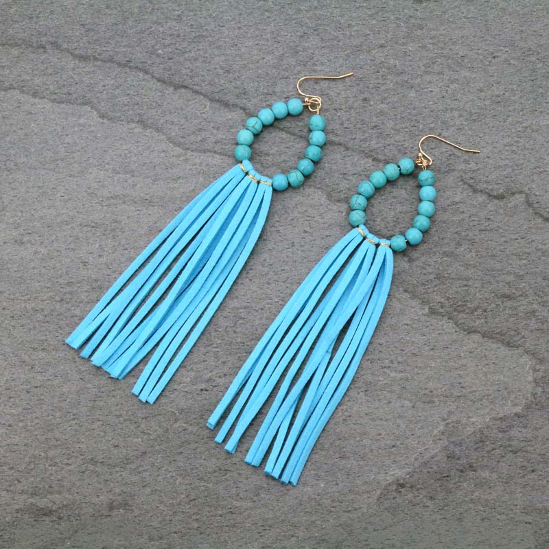 Turquoise Bead with Tassel Fish Hook Earrings