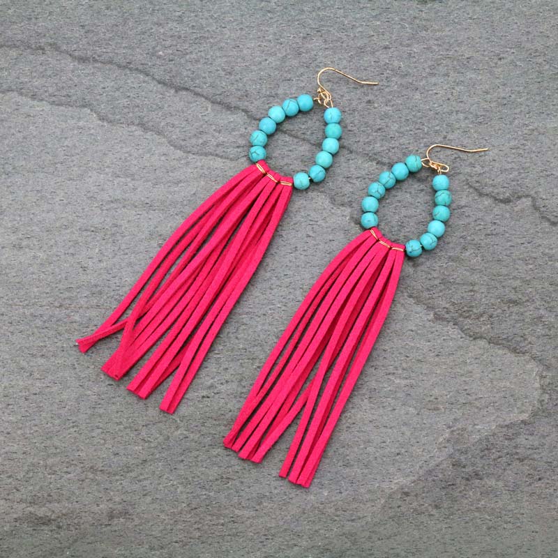 Turquoise Bead with Tassel Fish Hook Earrings