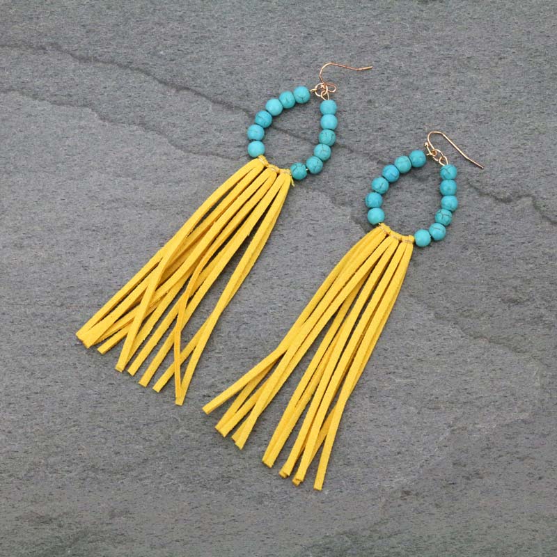Turquoise Bead with Tassel Fish Hook Earrings