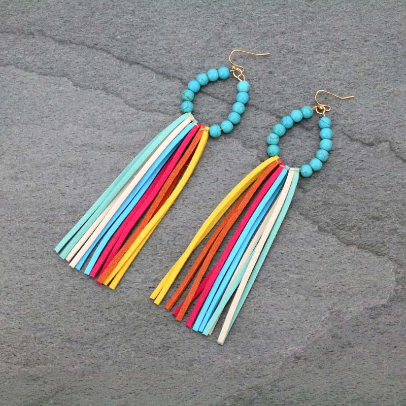 Turquoise Bead with Tassel Fish Hook Earrings