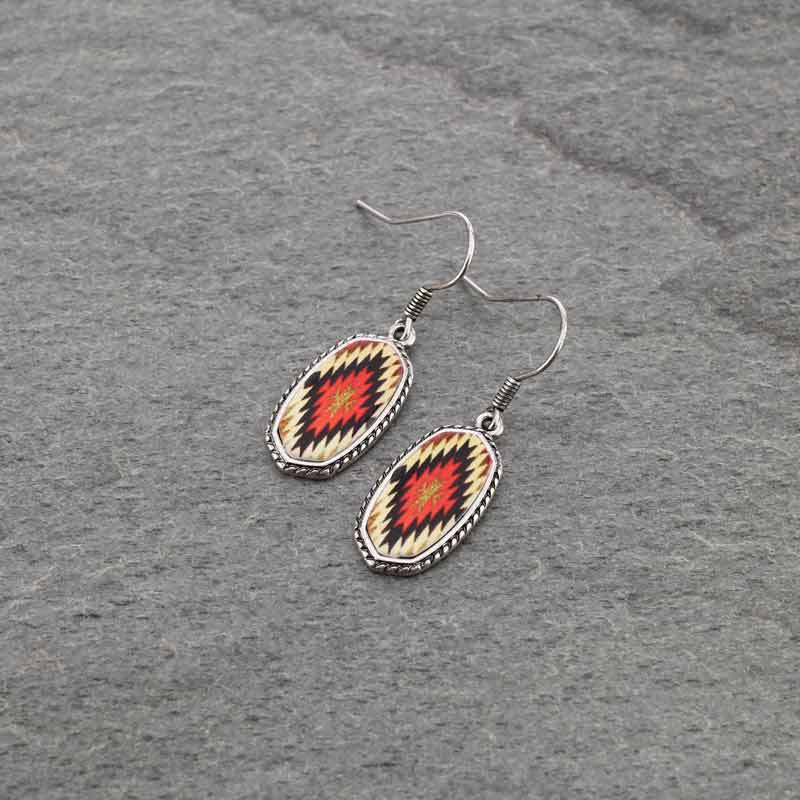 Aztec Pattern Oval Fish Hook Earrings