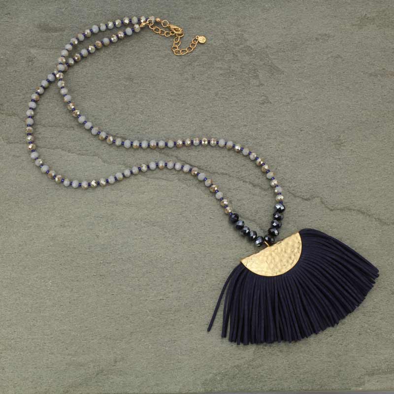 Suede Tassel With Glass Bead Necklace