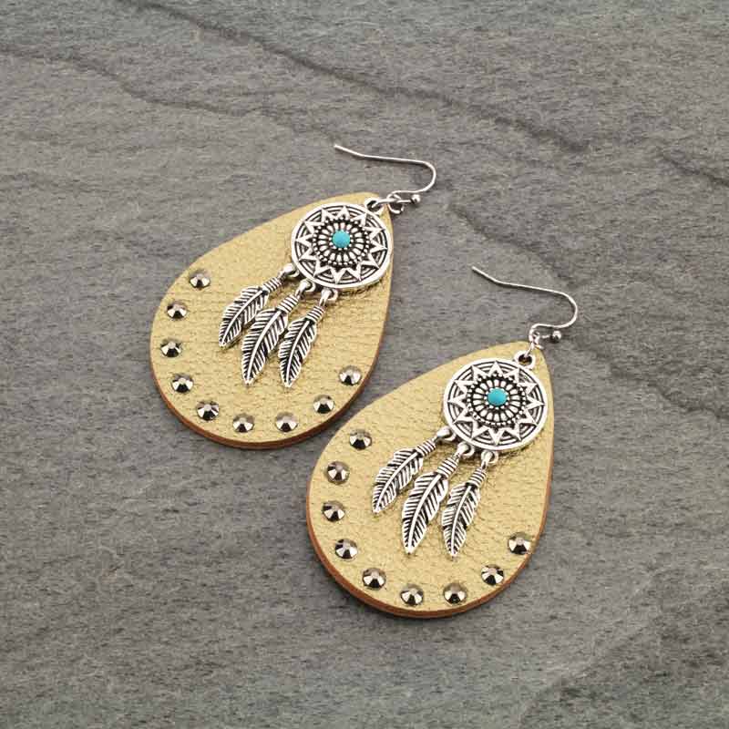 Western Dream Catcher with Teardrop Leather Fish Hook Earrings