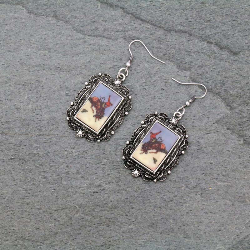 Western Rectangle Portrait Fish Hook Earrings