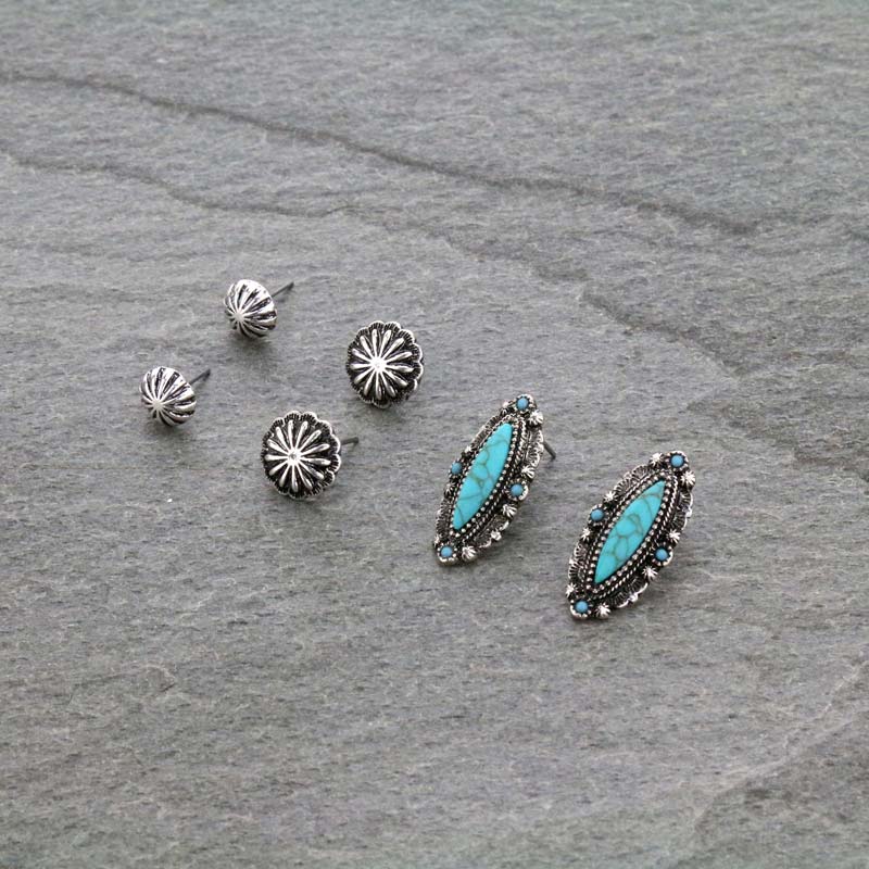 3 Pair Western Turquoise Earring Set