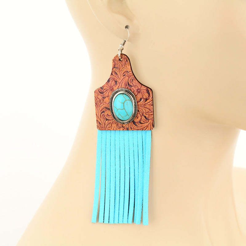 Western Design Cattle Tag with Tassel Fish Hook Earrings - Image 2