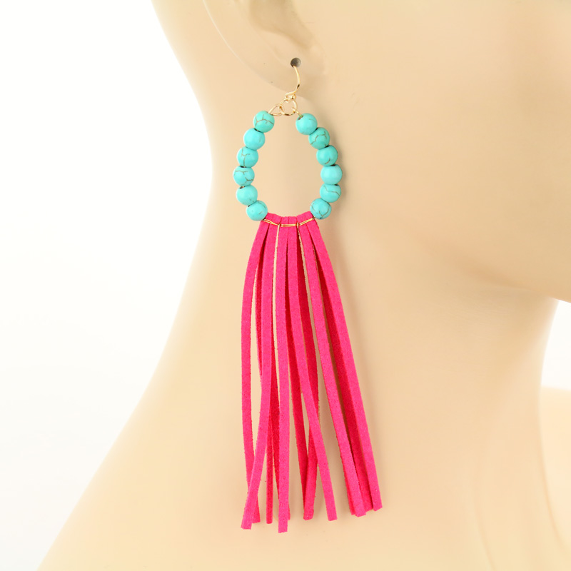 Turquoise Bead with Tassel Fish Hook Earrings - Image 2