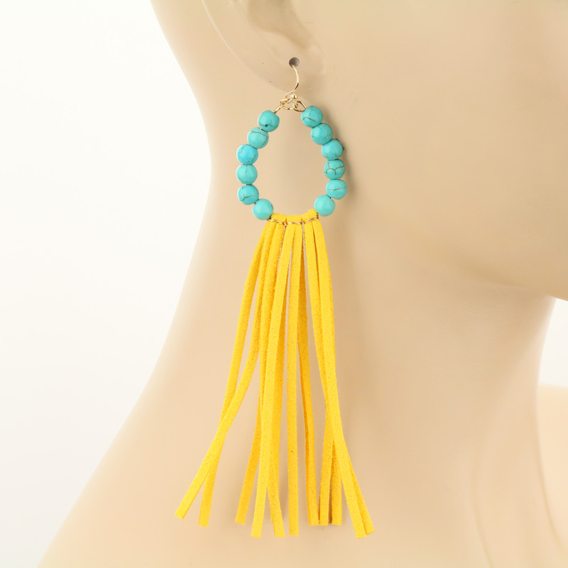 Turquoise Bead with Tassel Fish Hook Earrings - Image 2
