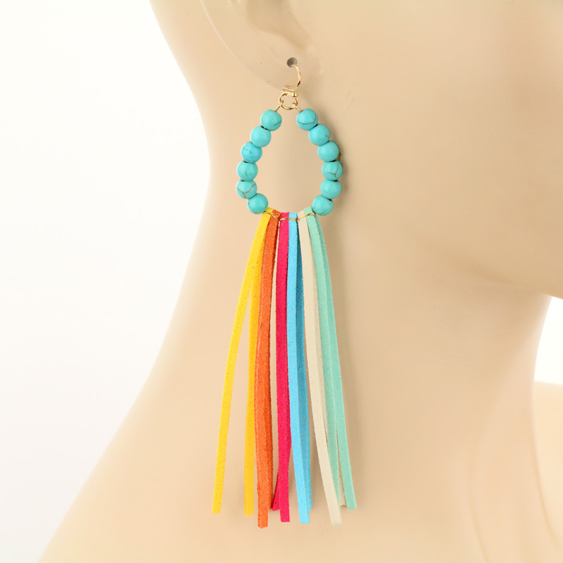 Turquoise Bead with Tassel Fish Hook Earrings - Image 2