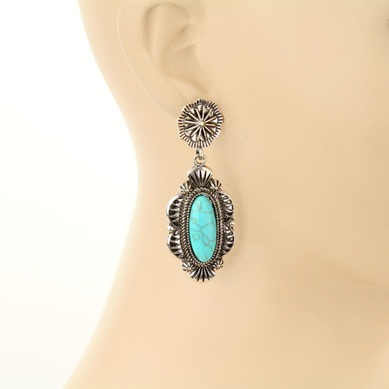 Western Style Oval Stone Fish Hook Earrings - Image 2