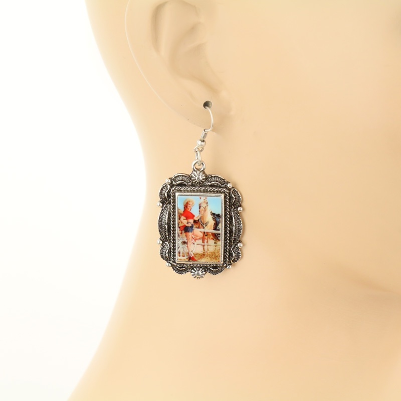 Western Rectangle Portrait Fish Hook Earrings - Image 2