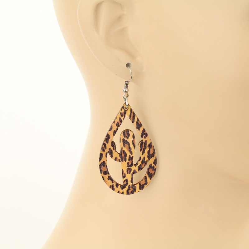 Leopard Cactus Cutout Teardrop Wood Fish Hook Earrings - Image 2