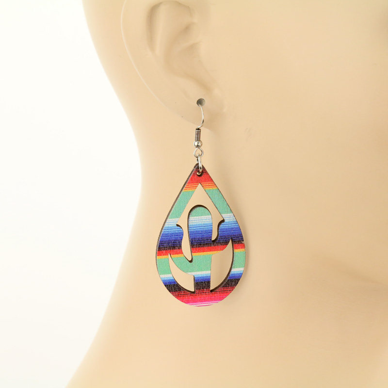 Serape Cactus Cutout Teardrop Wood Fish Hook Earrings - Image 2