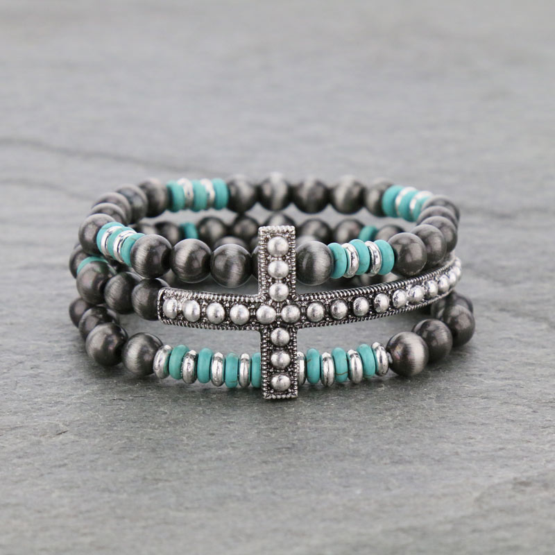 Navajo Style Pearl Cross Stretch Bracelet