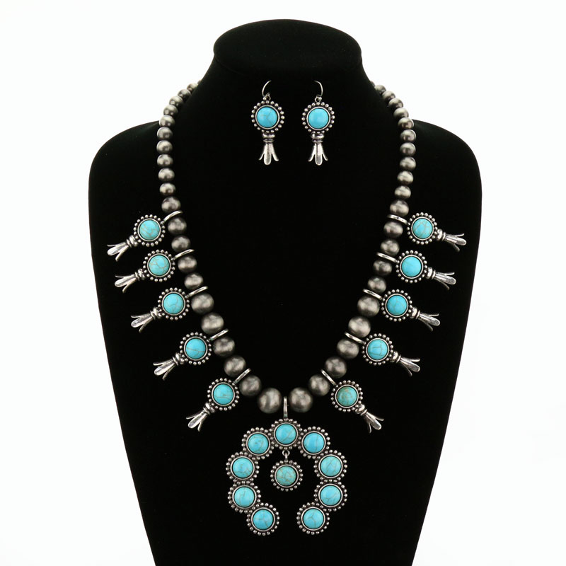 Western Navajo Style Squash Blossom Stone Necklace Set - Image 2