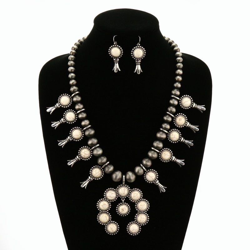 Western Navajo Style Squash Blossom Stone Necklace Set - Image 2