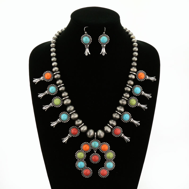 Western Navajo Style Squash Blossom Stone Necklace Set - Image 2