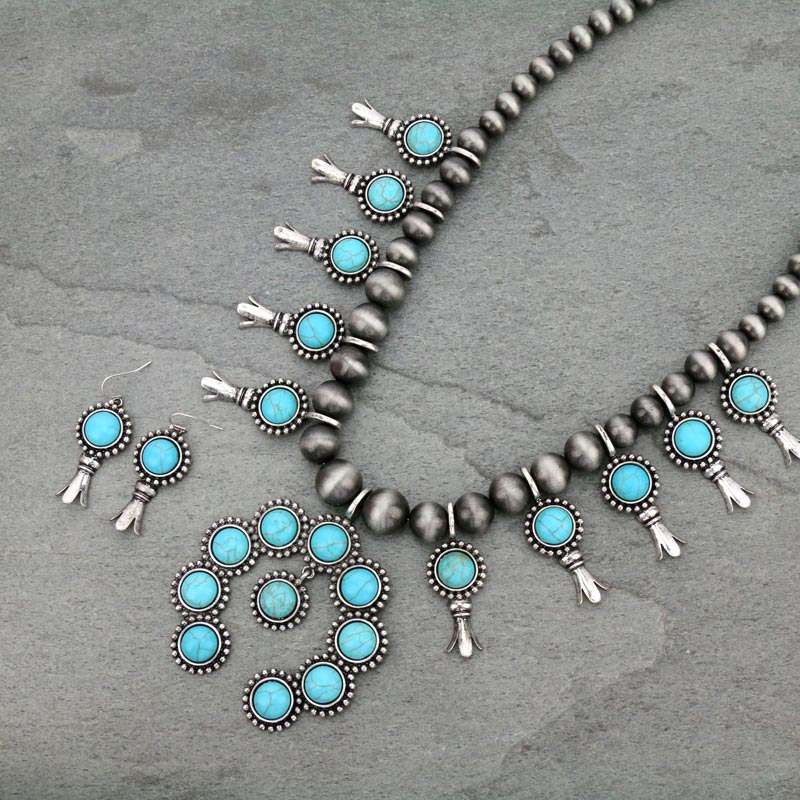 Western Navajo Style Squash Blossom Stone Necklace Set