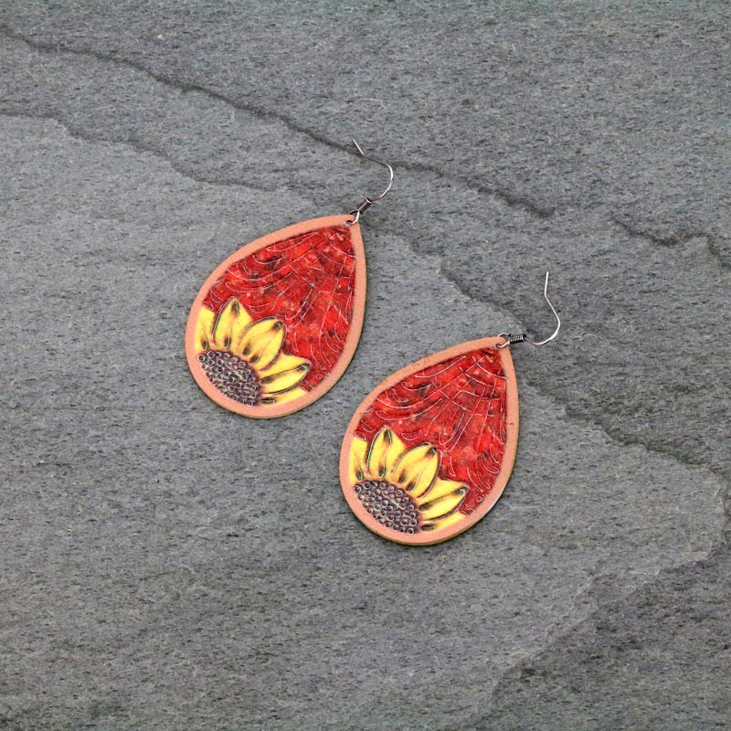 Sunflower Teardrop Leather Fish Hook Earrings