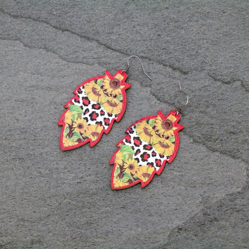 Sunflower Cactus Leather Fish Hook Earrings