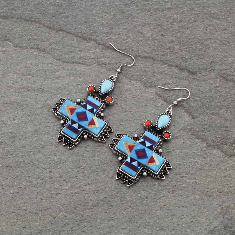 Western TQ Navajo Style Cross Print Fish Hook Earrings