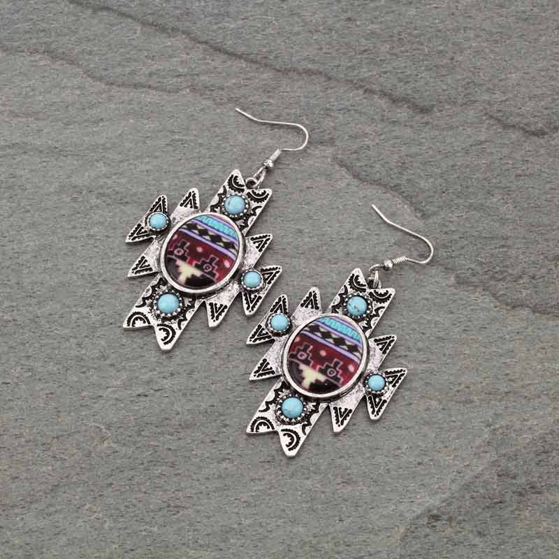 Western TQ Navajo Style Print Fish Hook Earrings