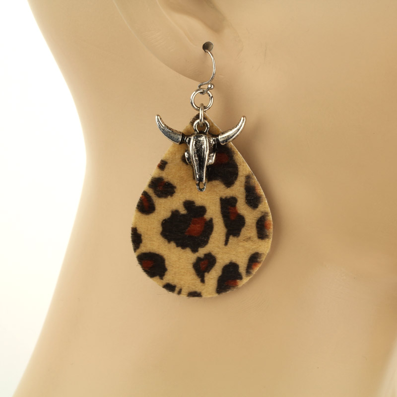 Steer Head Charm Leather Fish Hook Earrings - Image 2