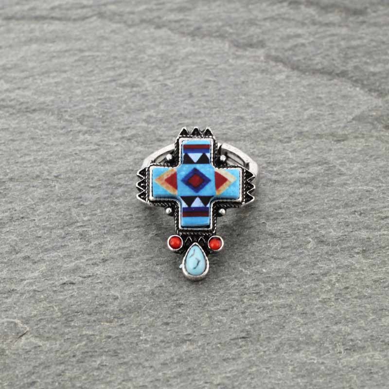 Western TQ Navajo Style Cross Print Stretch Ring