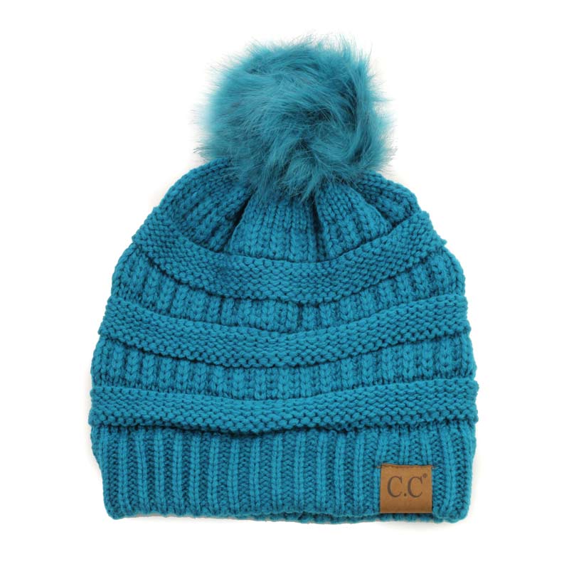 C.C Knitted Beanie Hat with Fake Fur Pom