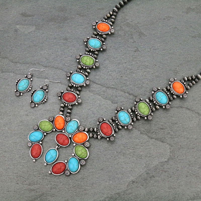 Western Navajo Style Squash Blossom Stone Necklace Set