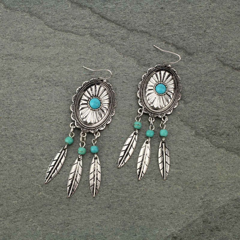 Western Concho Feather Fish Hook Earrings