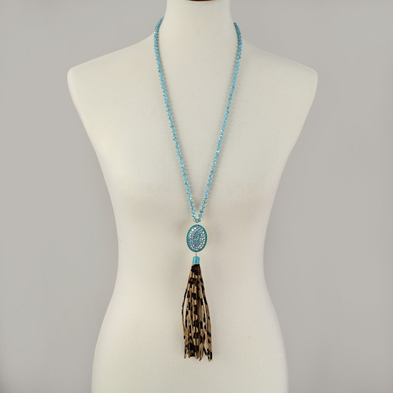 Glass Bead with Stone Leopard Tassel Necklace - Image 2
